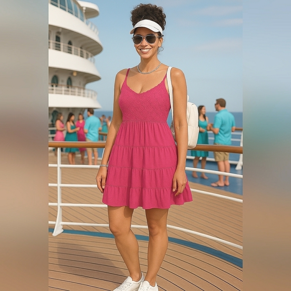 Sporty Large Fuschia Babydoll Tired Mini Crochet Festival Weekend Dress New